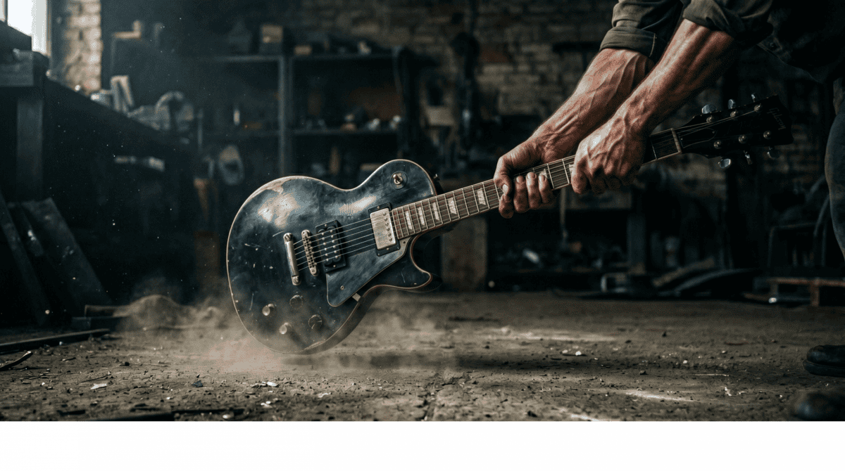 Bildausschnitt von starken Armen beim Zertrümmern einer E-Gitarre